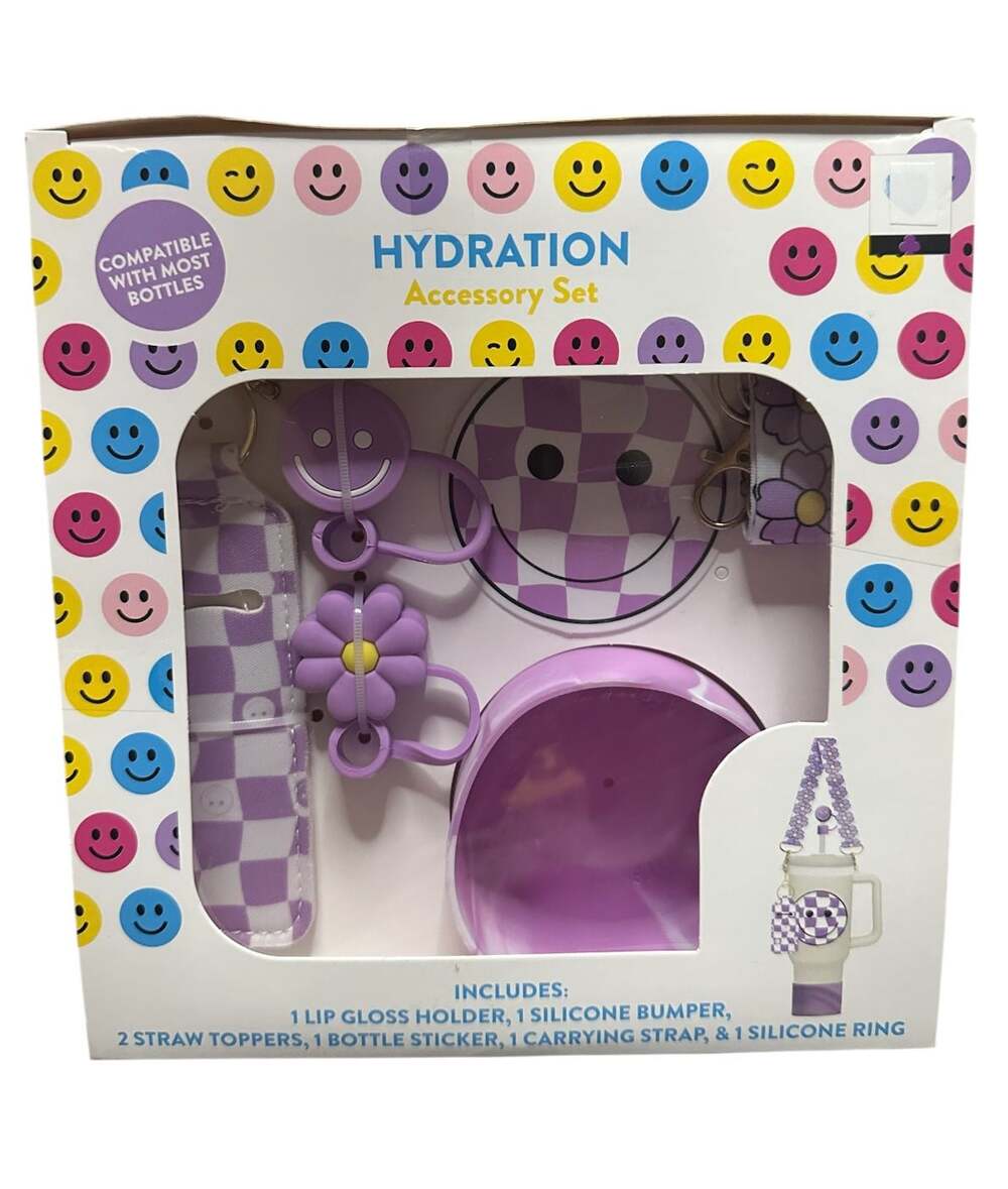 Old East Main Co. Hydration Accessory Set Purple Checkerboard Smiley Face